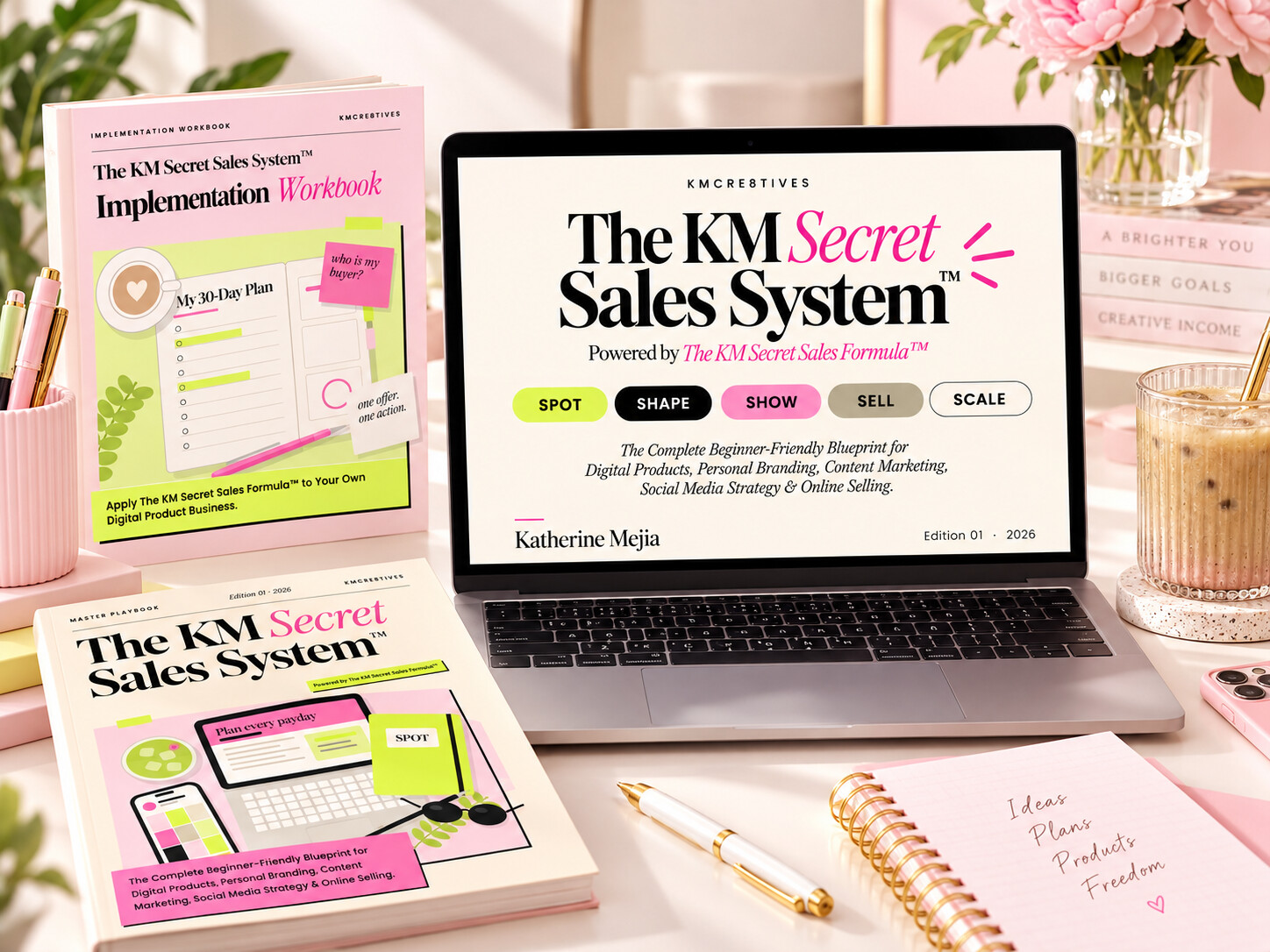 The KM Secret Sales System flagship program shown on a MacBook with the Master Playbook and Implementation Workbook